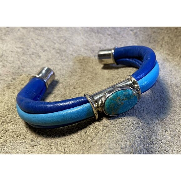 Two-Tone Blue Leather Wrap Bracelet Silverplated Fittings & Turquoise Cabochon S - Picture 6 of 10